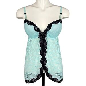 La Senza Women's Babydoll Chemise Lingerie Push Up Lace Mesh Mint Black Large